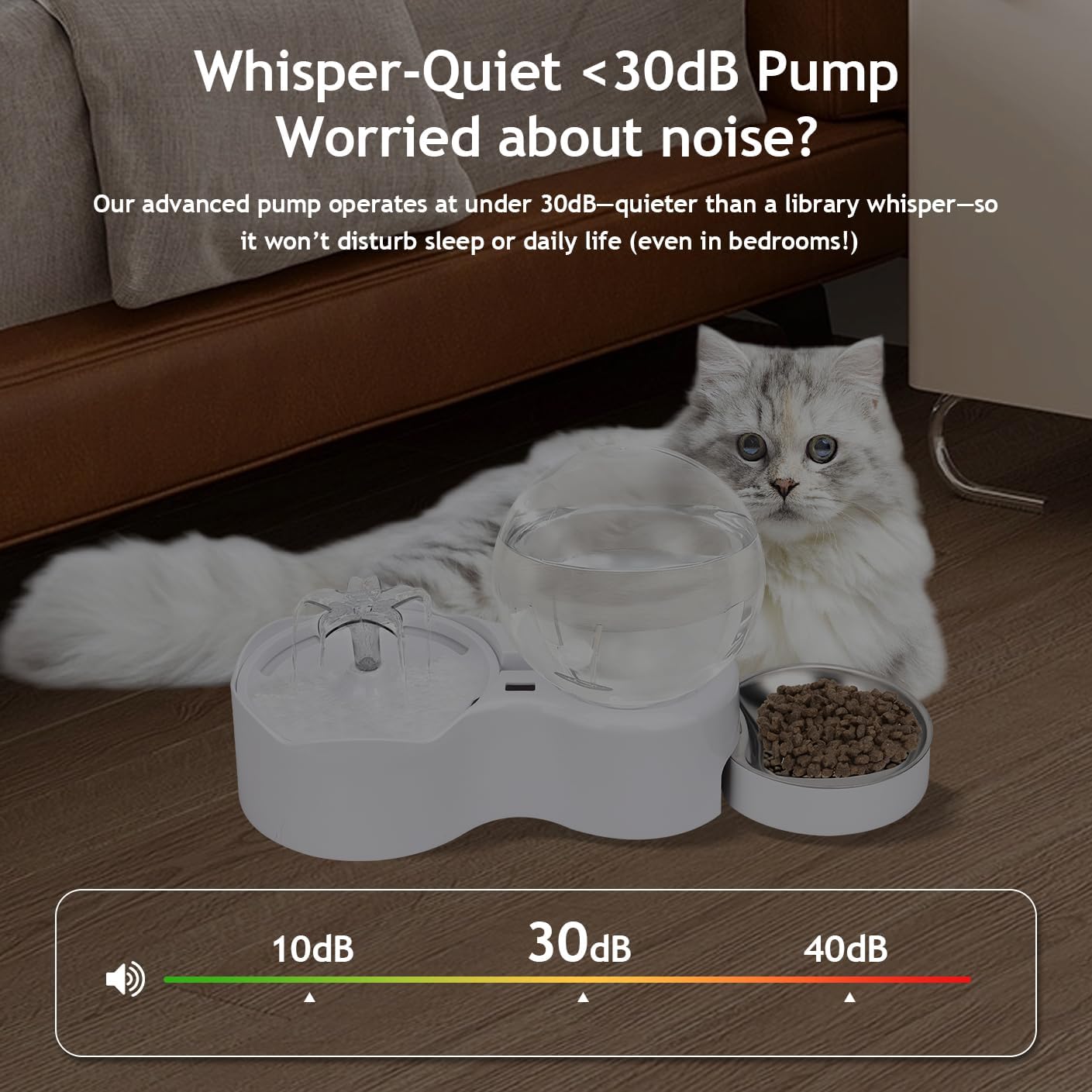 Cat Water Fountain with Food Bowl - Pet Fountain 2 in 1 Set, Automatic Pet Water Dispenser with 3 Drinking Modes, Cat Food and Water Dispenser Set for Cats and Small Dogs