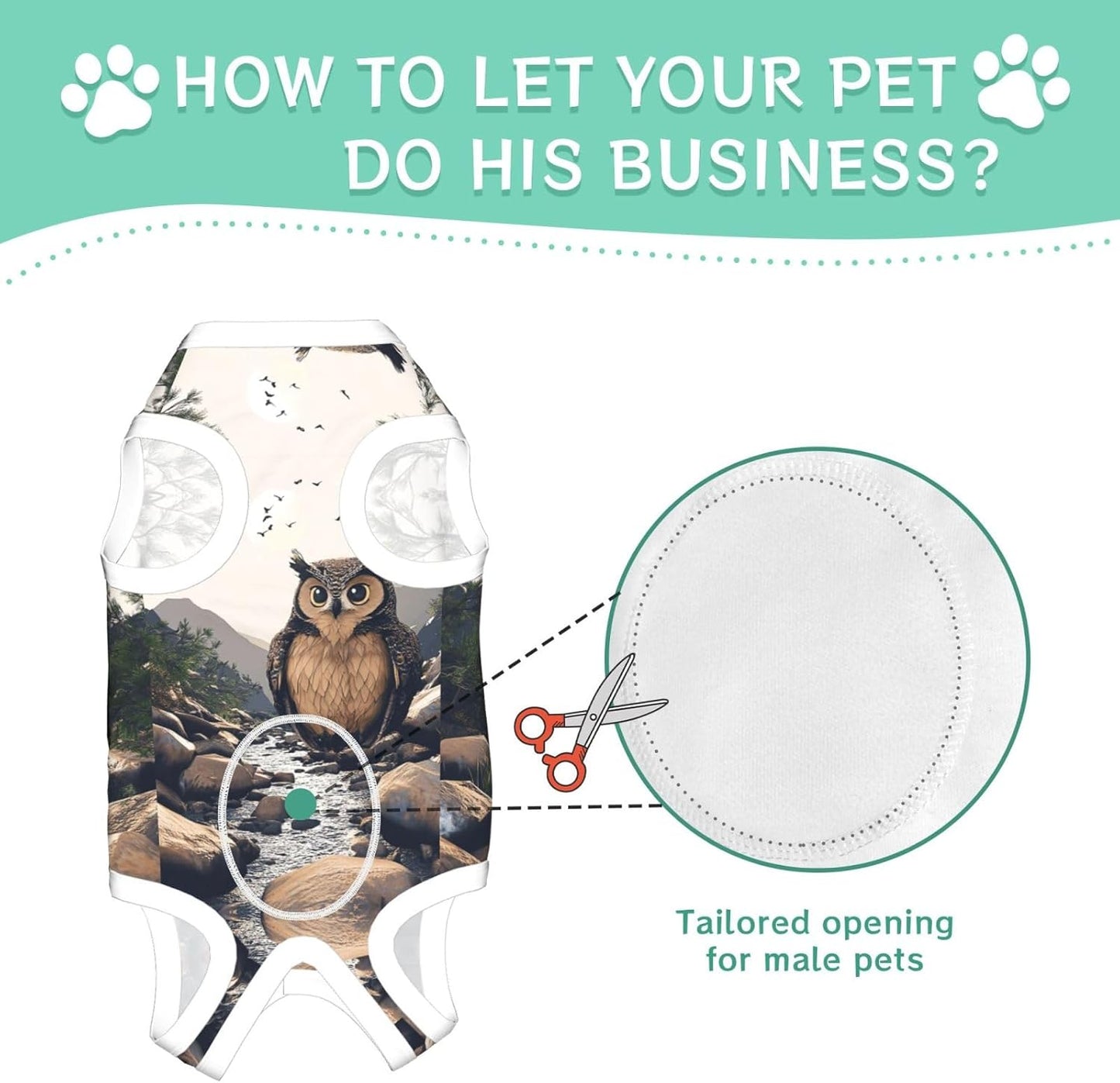 A Huge owl Dog Surgery Suit Recovery Suit, 100% Cotton Breathable Full Body Dog & Cat Surgical Suit with Cute Prints, Alternative to Cone for Spay Neuter Wound Care, Male & Female Pets Medium