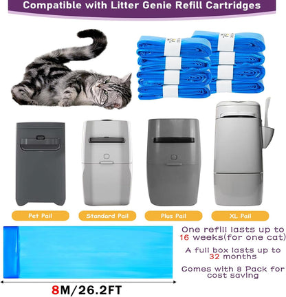 8 Pack Cat Litter Refill Bags Compatible with Litter Genie XL+/XL/Plus/Standard/Style/Pet Pail, Extra 80% Length 32 Months Use Time, Super Odor Control Litter Refills