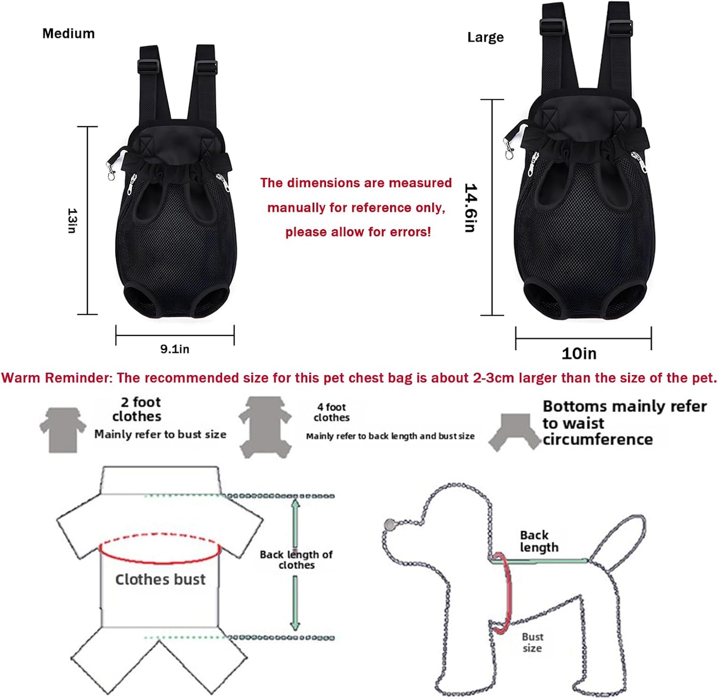 Pet Carrier Backpack, Adjustable Pet Front Carriers for Small Medium Dogs Cats 5-18 Lbs, Legs Out, Dog Cat Carrier Backpack for Hiking,Camping,Traveling,Cycling (Black,Large（Fit:10-18lb）)