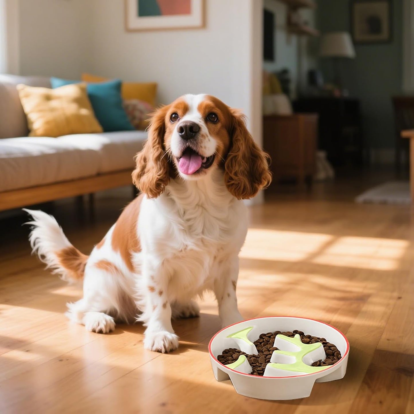 Ceramic Slow Feeder Dog Bowl - Portion Control Feeding Bowl for Medium Dogs – Cute Maze Food Dish for Fast Eaters - 3.1 Cups (310 g) - Doodle Series (Cherry)