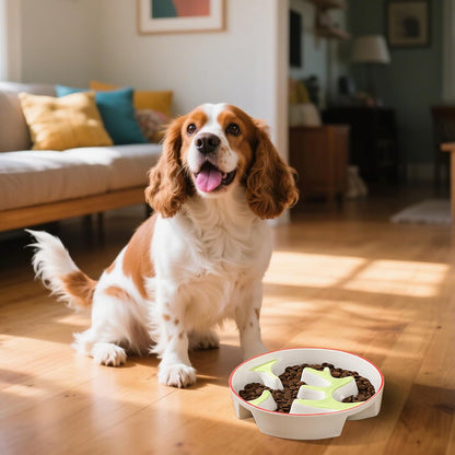 Ceramic Slow Feeder Dog Bowl - Portion Control Feeding Bowl for Medium Dogs – Cute Maze Food Dish for Fast Eaters - 3.1 Cups (310 g) - Doodle Series (Cherry)