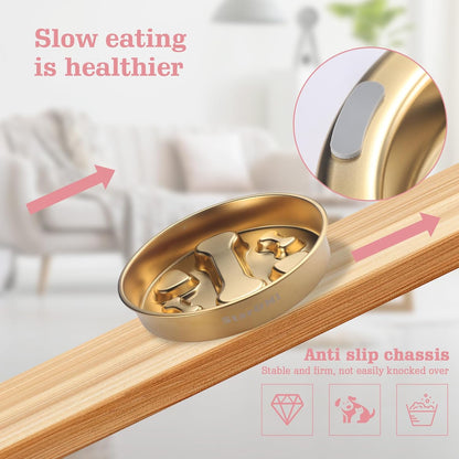 Golden Stainless Steel Slow Feeder Dog Bowls – Non-Slip Metal Dog Bowl for Large & Medium Breeds, Puppy Puzzle Feeder – 2 Cup Capacity for Small to Big Pets – Durable Slow Feed Dog & Cat Food Dish