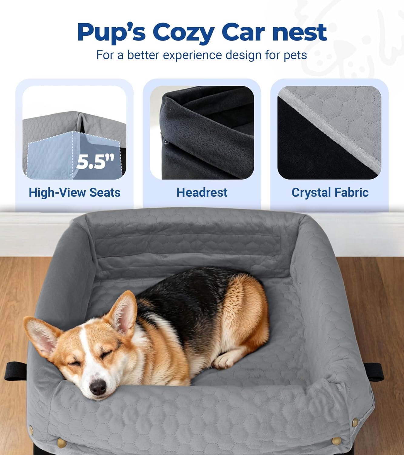 Dog Car Seat for Small Medium Dogs, Travel Pet Car Bed with Removable Waterproof Cover, Memory Foam Dog Booster Seats Up to 35 lbs, Safety Belt and Storage Pocket(Gray)