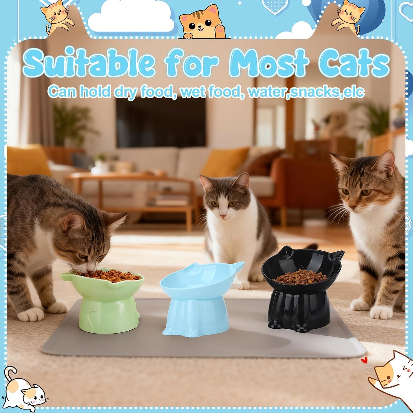 3 Pcs Elevated Cat Bowls 15°Raised Cat Food Bowl with Silicone Mat Whisker Friendly Anti Vomiting Cats Dishes Pet Food and Water Bowls for Indoor Cats Kittens Classic Blue, Black, Green Colors