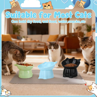 3 Pcs Elevated Cat Bowls 15°Raised Cat Food Bowl with Silicone Mat Whisker Friendly Anti Vomiting Cats Dishes Pet Food and Water Bowls for Indoor Cats Kittens Classic Blue, Black, Green Colors