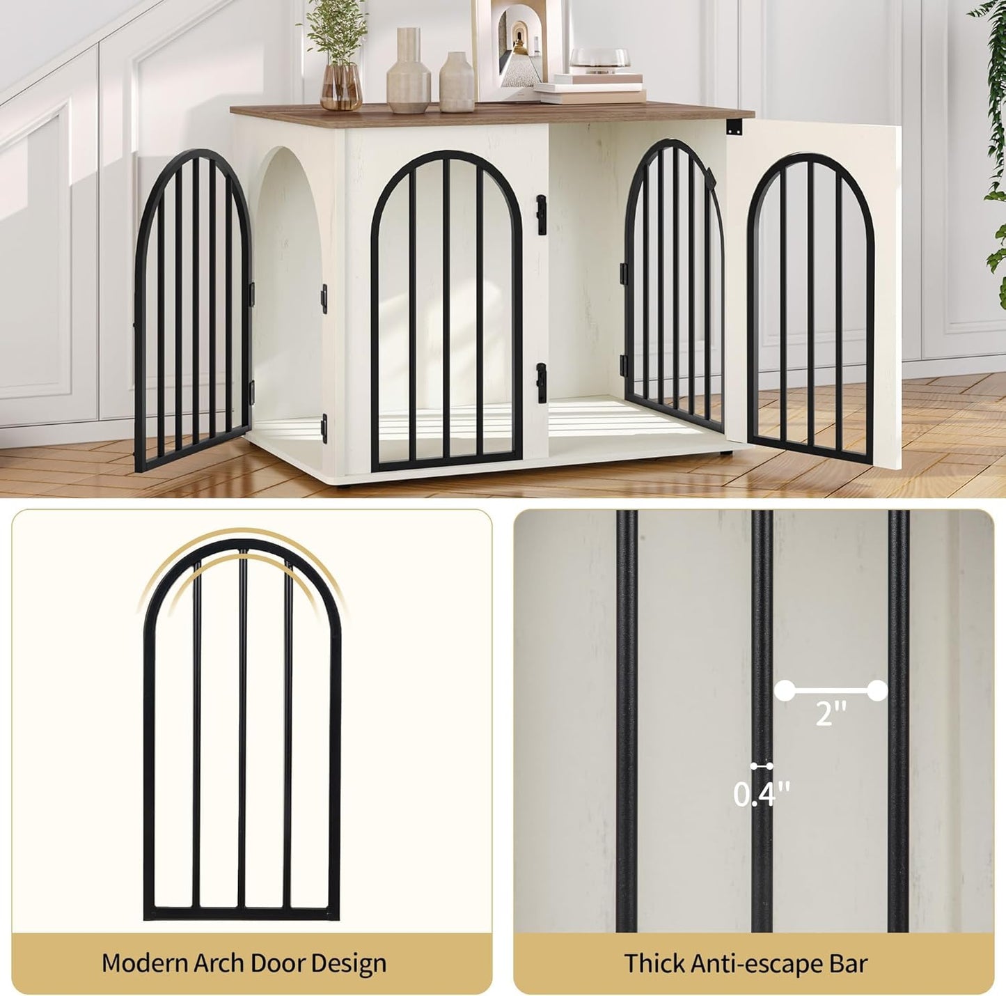 31.5'' Wooden Dog Crate Furniture, Indoor Dog Kennel Dogs Cage for Small/Medium Dogs, Heavy Duty Dog Crates Decorative Pet House End Side Table TV Stand, White Brown DFC85114B