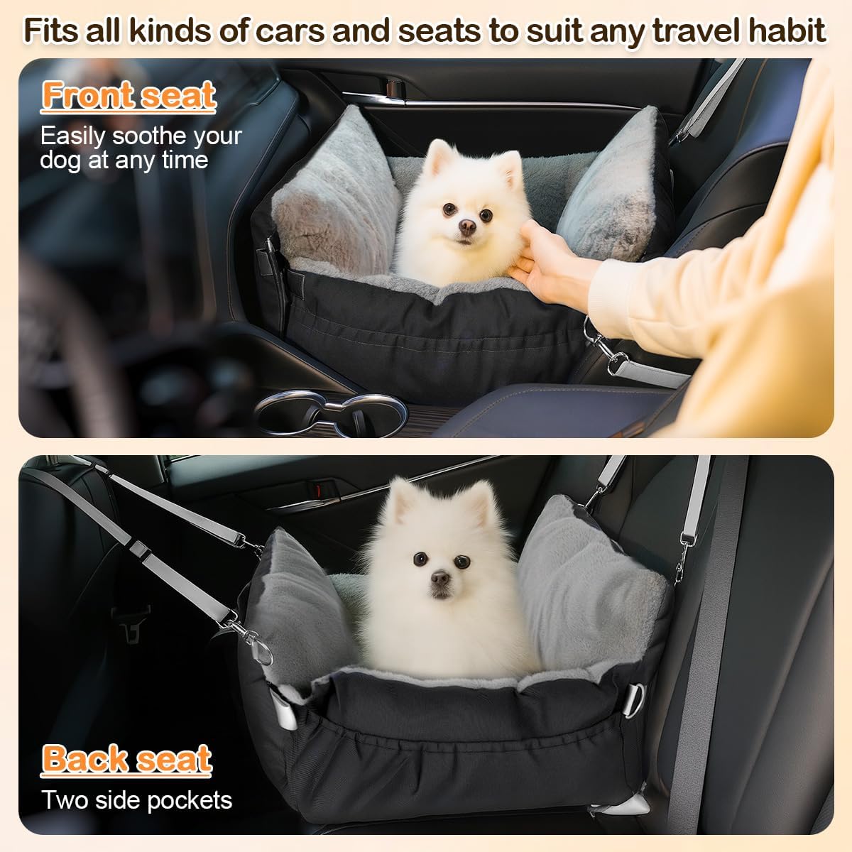 Dog Car Seat for Small Dogs with Extension Zone, Washable Car Travel Bed for Pets Up to 30Lbs, Trendy Booster Dog Seat Including Harness Clip - Black