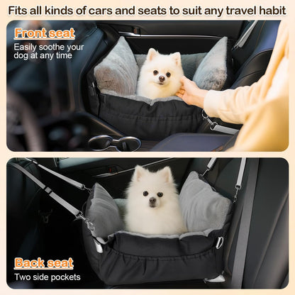 Dog Car Seat for Small Dogs with Extension Zone, Washable Car Travel Bed for Pets Up to 30Lbs, Trendy Booster Dog Seat Including Harness Clip - Black