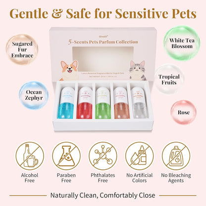 Dog Cologne & Pet Perfume Gift Set – 5 Long Lasting Scents for Dogs & Cats – Natural, Alcohol-Free Pet Fragrance – Safe Deodorizing Grooming Mist for Puppies & Kittens