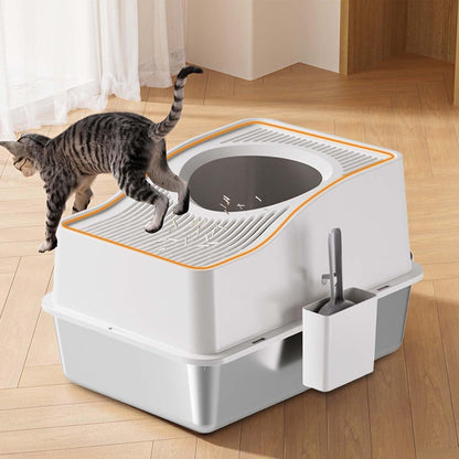 Stainless Steel Enclosed Cat Litter Box with High Sided Lid – Odor Control, Easy Clean Detachable Tray, Litter Mat & Scoop, Anti-Splash Hidden Cat Furniture for Kittens & Adult Cats