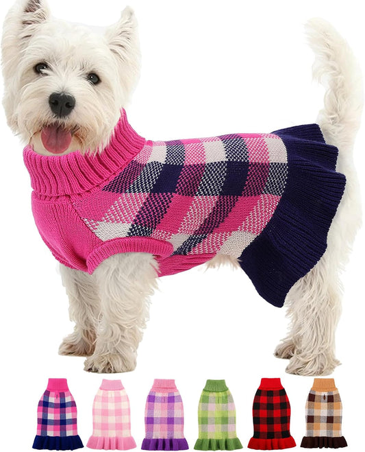 Dog Sweater Dress Plaid Knitwear for Small Medium Dogs Warm Puppy Pet Turtleneck Stretch Pullover Cute Fall Winter Vest Clothes with Leash Hole for Christmas (Navy, L)