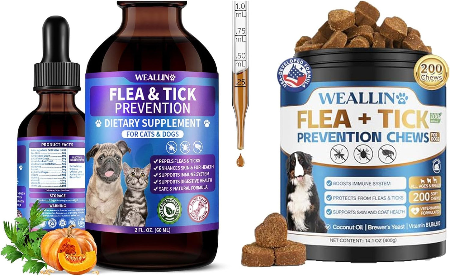 Flea and Tick Prevention Support Drop for Dogs & Cats + 200 Chews for Dogs | Pets Oral Natural Supplement Flea and Tick Treatment for All Breeds and Ages