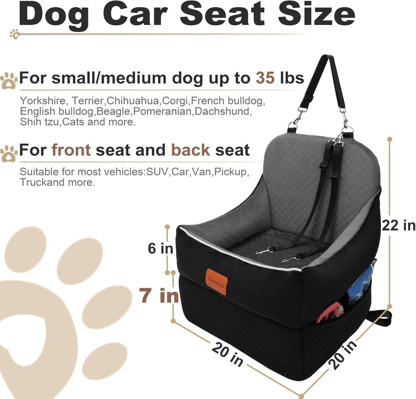Car Dog Booster Seat,Interior Height 7 Inches Elevated for Small Dog up to 35 lbs,Pet Car Travel Safety Seat with 2 Safety Leashes,Storage Pockets,Non-Slip Bottom(Lookout-Black Outside Grey Inside)