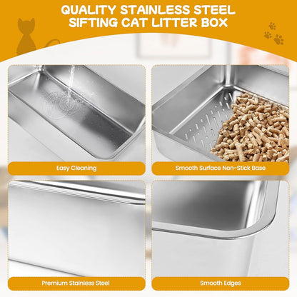 23.6''x15.7''x6'' Stainless Steel Sifting Litter Box, XL Large Metal Sifting Cat Litter Box for Pine Pellets, Litter Pan Tray System for Indoor Cats with Scoop and Pee Pad, Easy to Clean(6 Inch)
