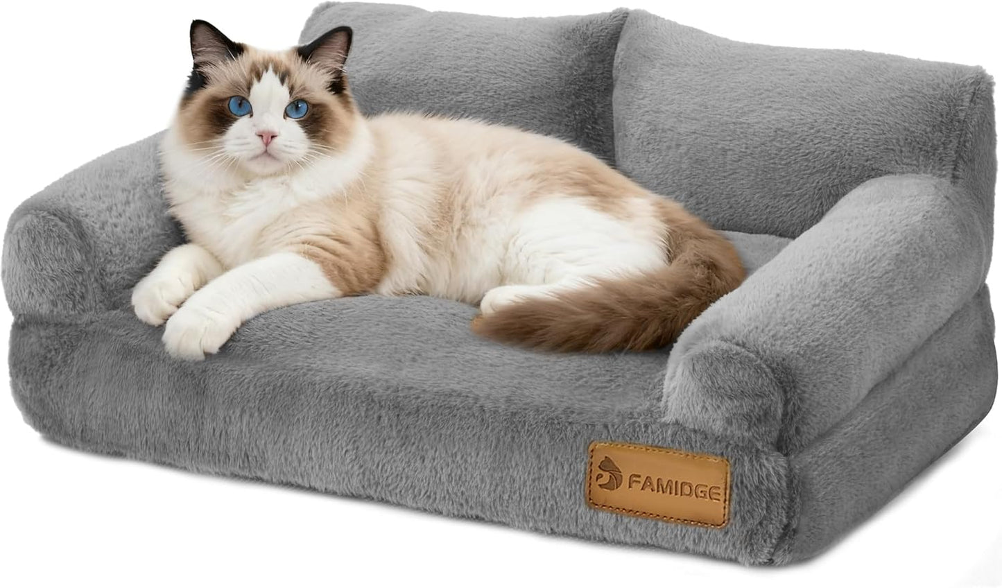 Cat Couch Bed - Cat Bed for Indoor Cats, Calming Pet Sofa Puppy Sleeping Bed with Removable Washable Cover, Cute Dog Couch and Kitty Lounge Chair for 20lbs Cats & Small Dogs(Light Grey)
