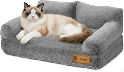 Cat Couch Bed - Cat Bed for Indoor Cats, Calming Pet Sofa Puppy Sleeping Bed with Removable Washable Cover, Cute Dog Couch and Kitty Lounge Chair for 20lbs Cats & Small Dogs(Light Grey)