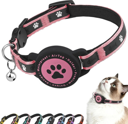 Airtag Cat Collar Breakaway, Reflective Cat Collar with AirTag Holder and Bell, Compatible with Apple Air Tag, Comfortable Padding, Adjustable, Durable (Pink, XS)
