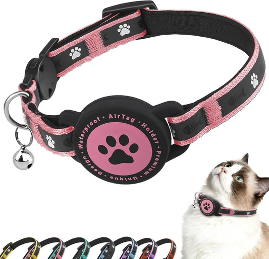 Airtag Cat Collar Breakaway, Reflective Cat Collar with AirTag Holder and Bell, Compatible with Apple Air Tag, Comfortable Padding, Adjustable, Durable (Pink, XS)