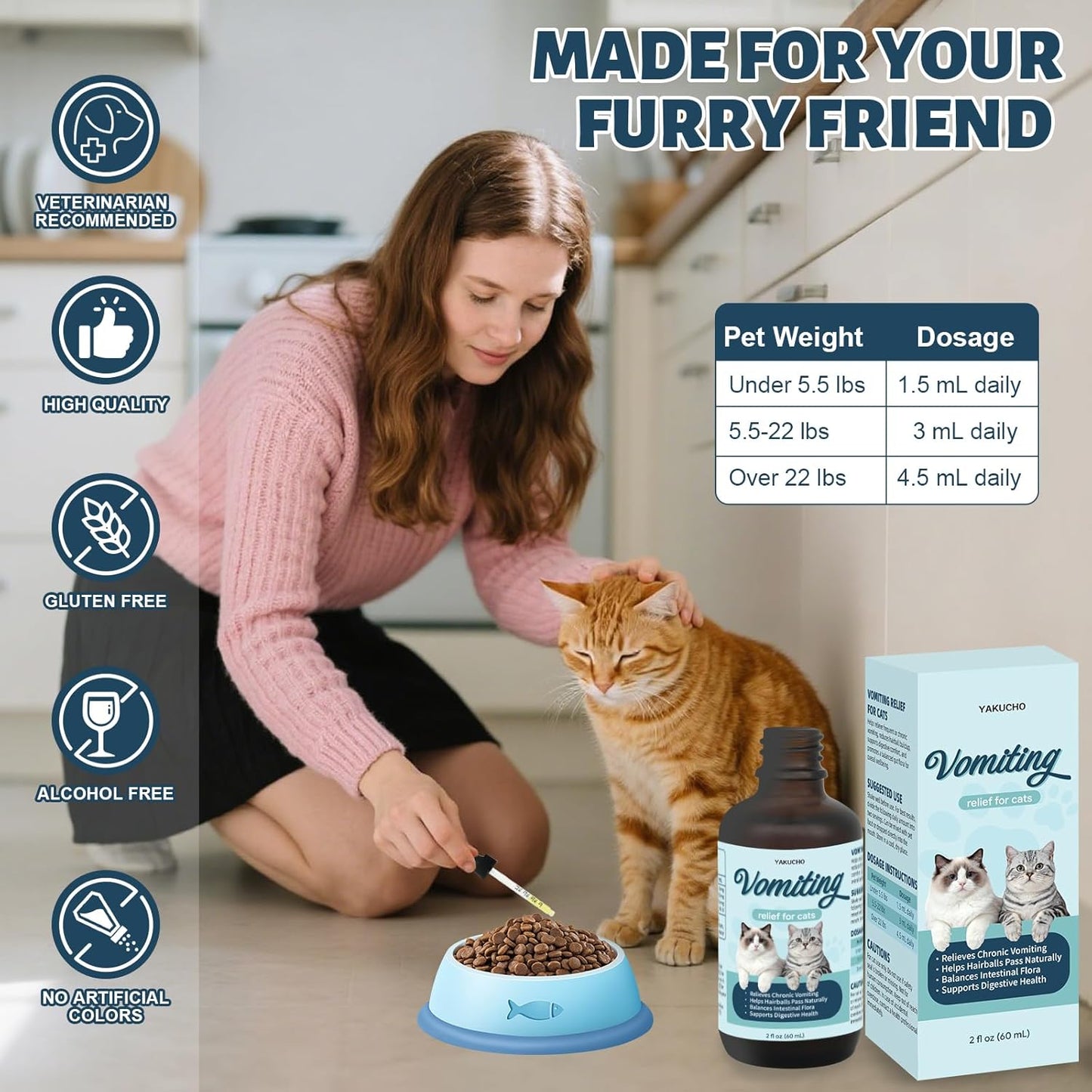 Vomiting Relief for Cats, Cat Vomit Remedy, Probiotic Digestive Support Liquid, Helps Reduce Hairballs, Relieve Sensitive Stomach & Support Gut Health, Gentle Daily Formula - 60mL