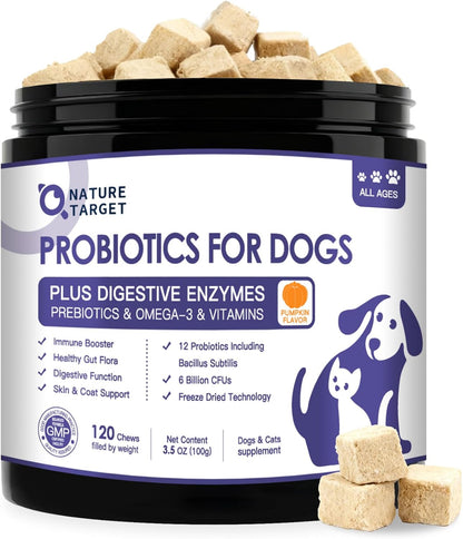 NATURE TARGET Probiotics for Dogs, 6 Billion Dog Probiotics with Prebiotics & Enzymes for Digestive & Gut Health, Pumpkin, Omega-3 & Multivitamins for Itchy Skin, Allergies, 120 Dogs Probiotics Chews