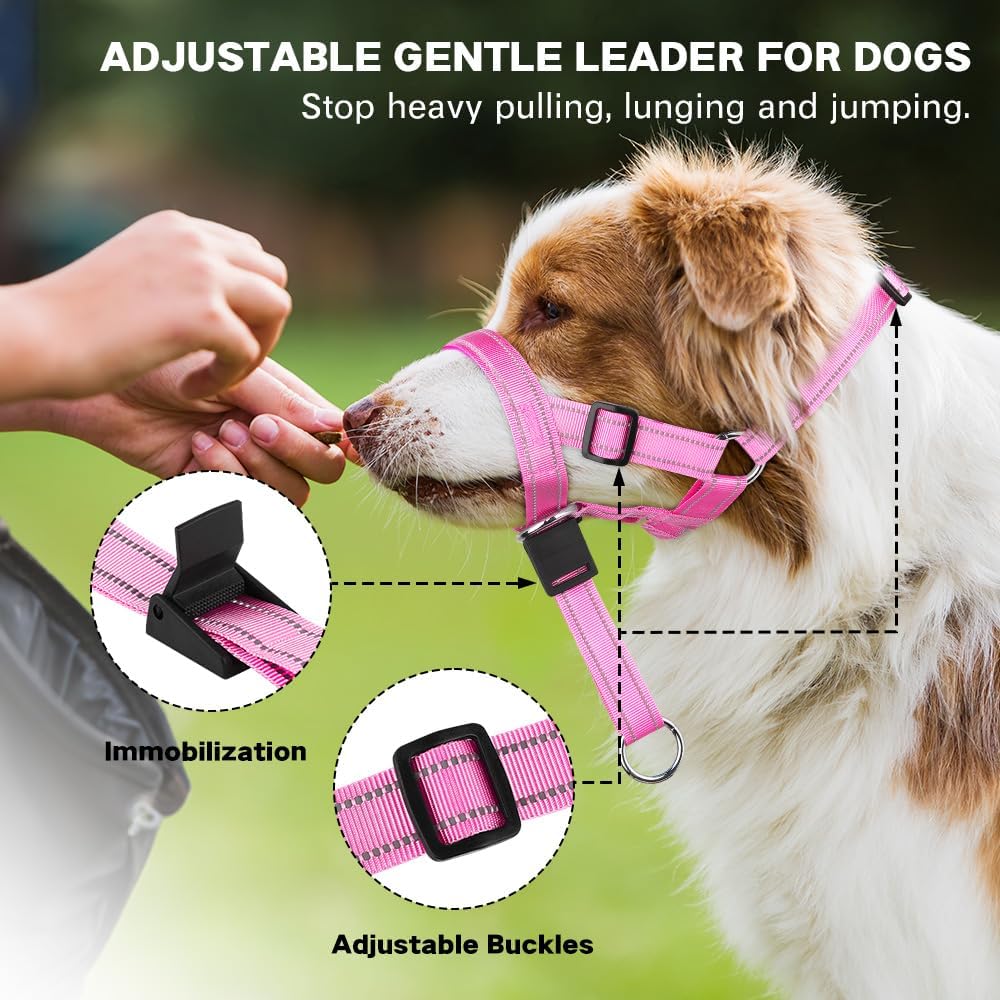 No-Pull Dog Headcollar - Reflective Halter Collar for Dogs, Padded Head Collar to Stop Heavy Pulling, Anti-Pull Muzzle Leash (Pink, Medium)