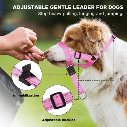 No-Pull Dog Headcollar - Reflective Halter Collar for Dogs, Padded Head Collar to Stop Heavy Pulling, Anti-Pull Muzzle Leash (Pink, Medium)