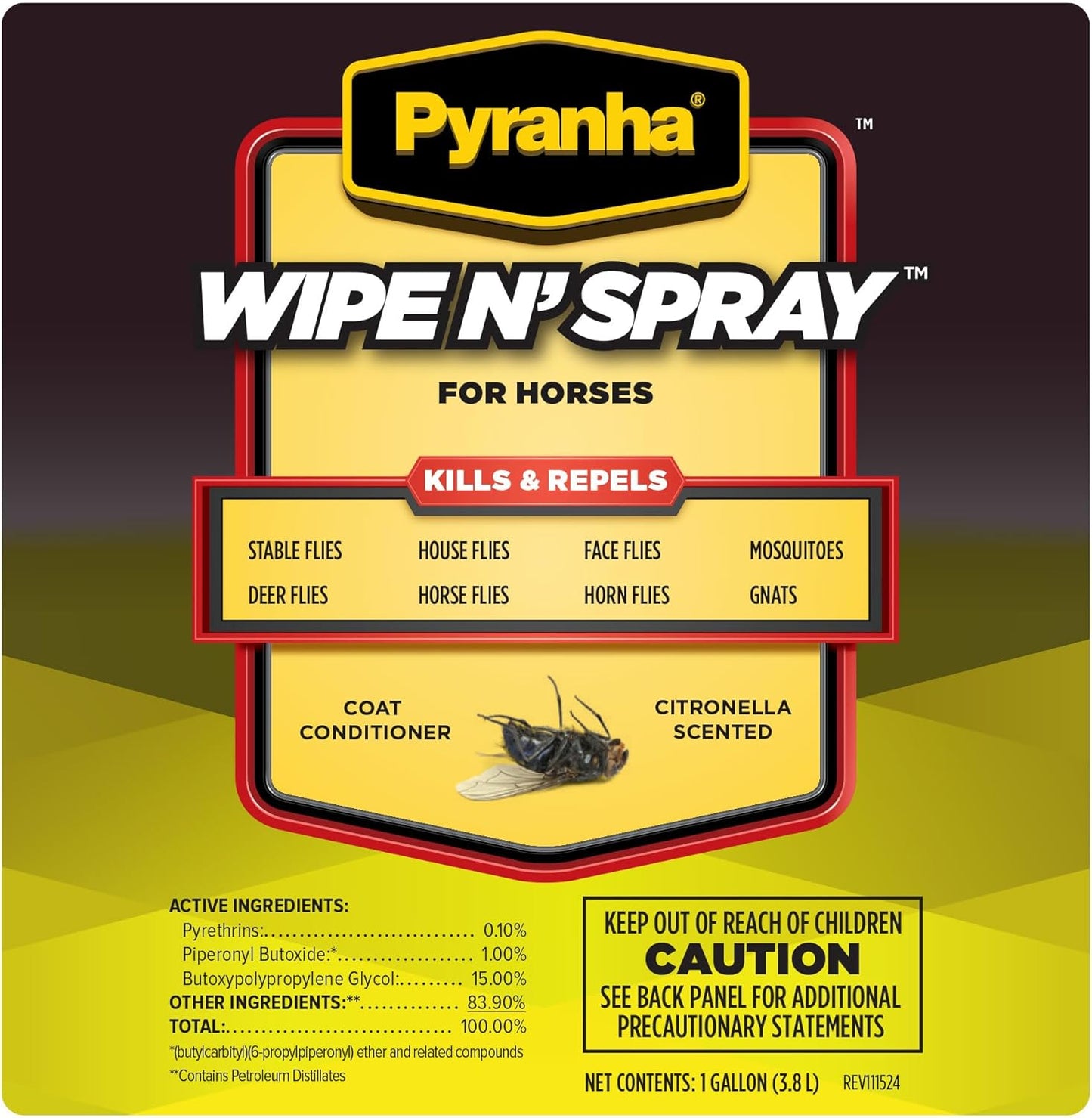 PYRANHA Wipe N' Spray for Horses - Oil-Based Long Lasting Fly Control Repels Horn, Deer, Horse, House, Stable, & Face Flies, Ticks, Mites, Mosquitoes, Gnats & Lice, 1 Gallon