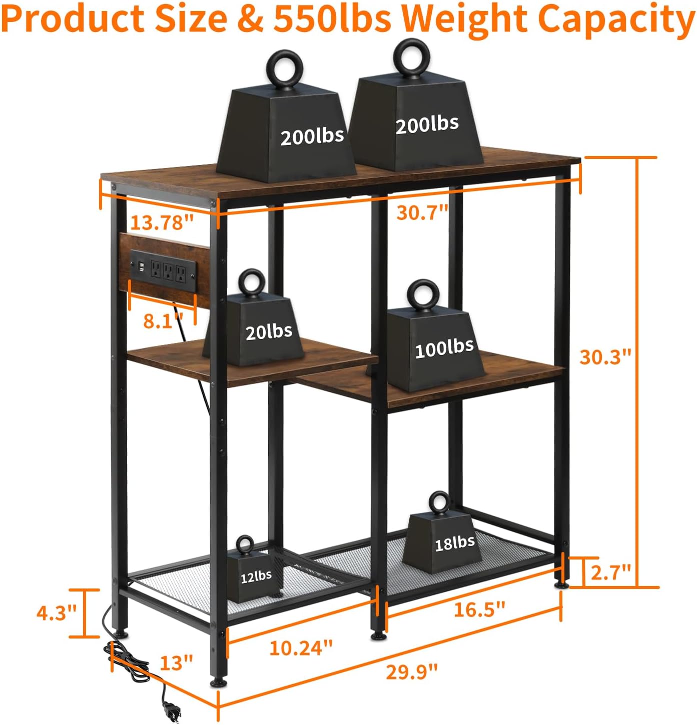 20-29-37 Gallon Fish Tank Stand with 3 Power Outlet 2 USB Port, Metal Aquarium Stand with 4-Tier Adjustable Storage Shelves, 30''L* 13''W*30''H Reptile Tank Stand, Fish Tank Table