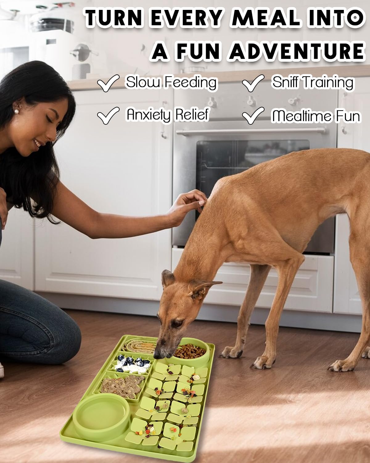 4-in-1 Silicone Snuffle Mat for Dogs, Dog Slow Feeder Bowl & Lick Mat with Suction Cups, Dog Puzzle Feeder Toy Sniff Mat for Smell Training Slow Eating Keeping Busy, Green