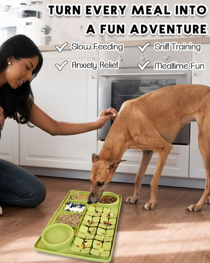 4-in-1 Silicone Snuffle Mat for Dogs, Dog Slow Feeder Bowl & Lick Mat with Suction Cups, Dog Puzzle Feeder Toy Sniff Mat for Smell Training Slow Eating Keeping Busy, Green