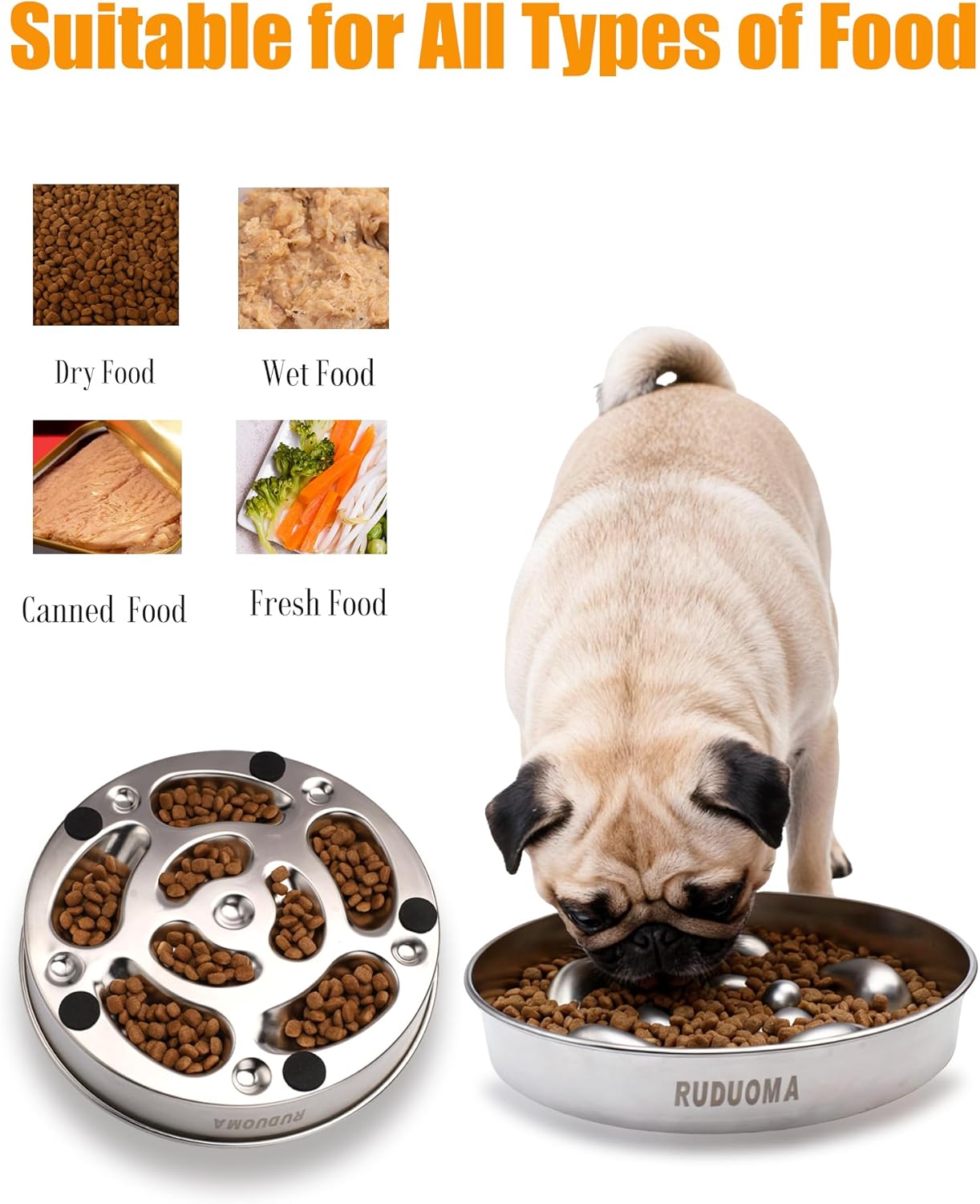 Stainless Steel Dog Bowls for Brachycephalic Breeds,Gentle Slow Feeding Design,Moderately Slow Down Eating Pace,Non-Slip,2.5 Cups Capacity Metal Bowl for Medium Dogs