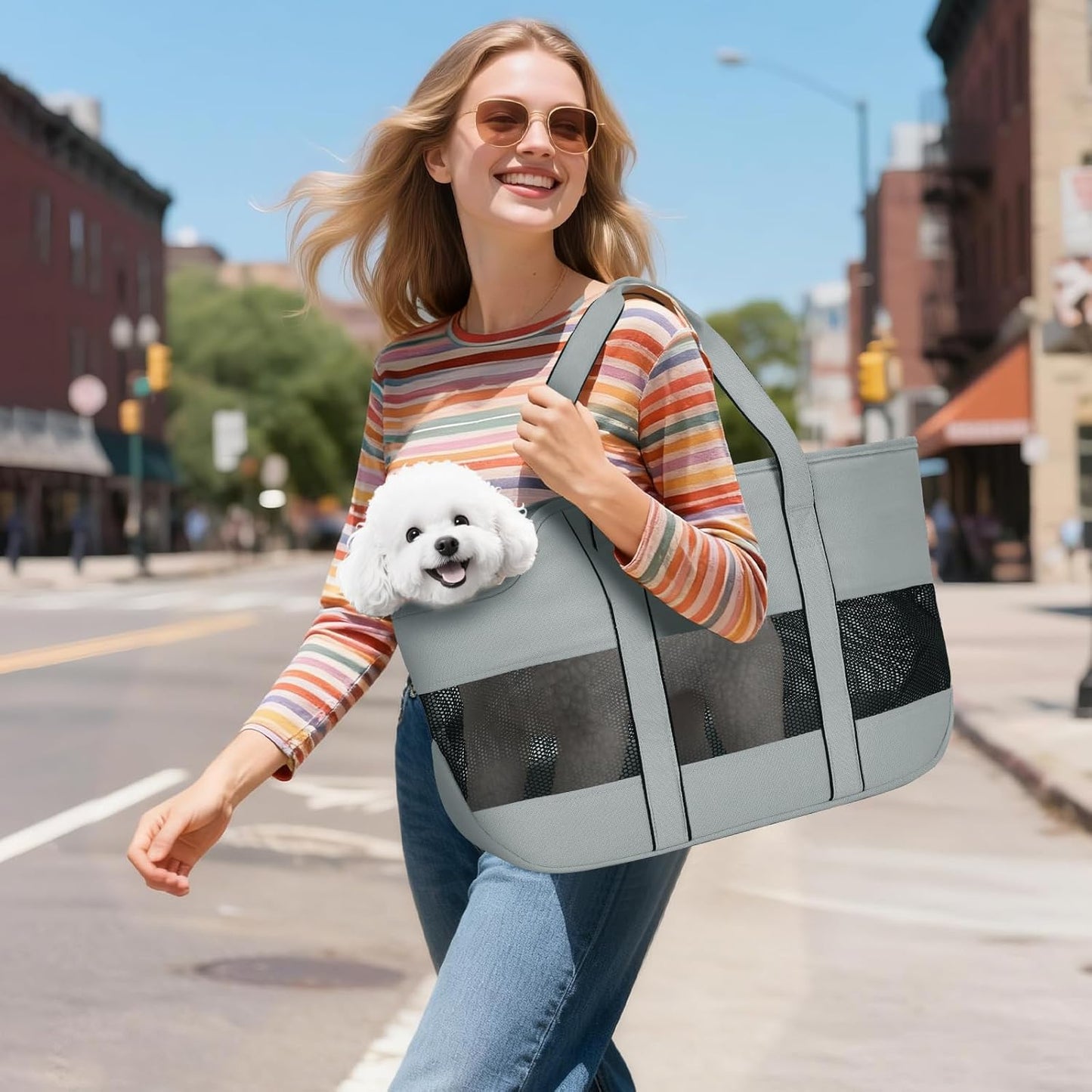 Lekereise Dog Purse Carrier for Small Dogs, Cats - Dog Carrier Purse with Secure Harness Clip, Dog Tote Bag Carrier, Large Space, Breathable Design(Gray)