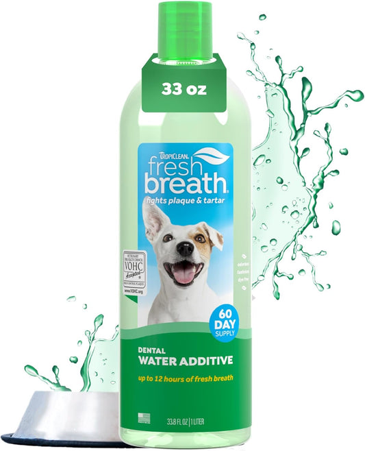 TropiClean Fresh Breath Water Additive for Dogs, Dog Breath Freshener and Teeth Cleaning Solution, No Toothpaste or Toothbrush Required, 33.8oz.