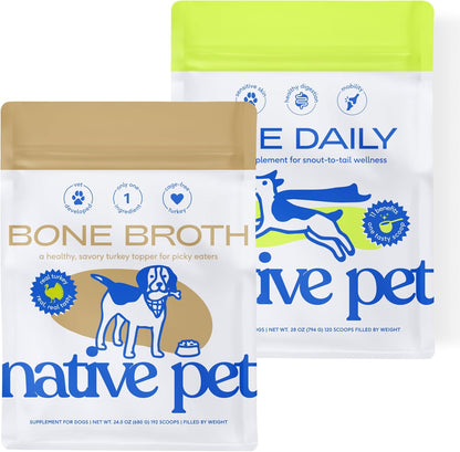 Native Pet Full-Body Wellness Duo: Turkey Bone Broth Powder for Dogs (192 Scoops) & Daily Dog Multivitamin (120 Scoops) - Daily 11-in-1 Multivitamin and Pet Gravy Food Topper for Picky Eaters