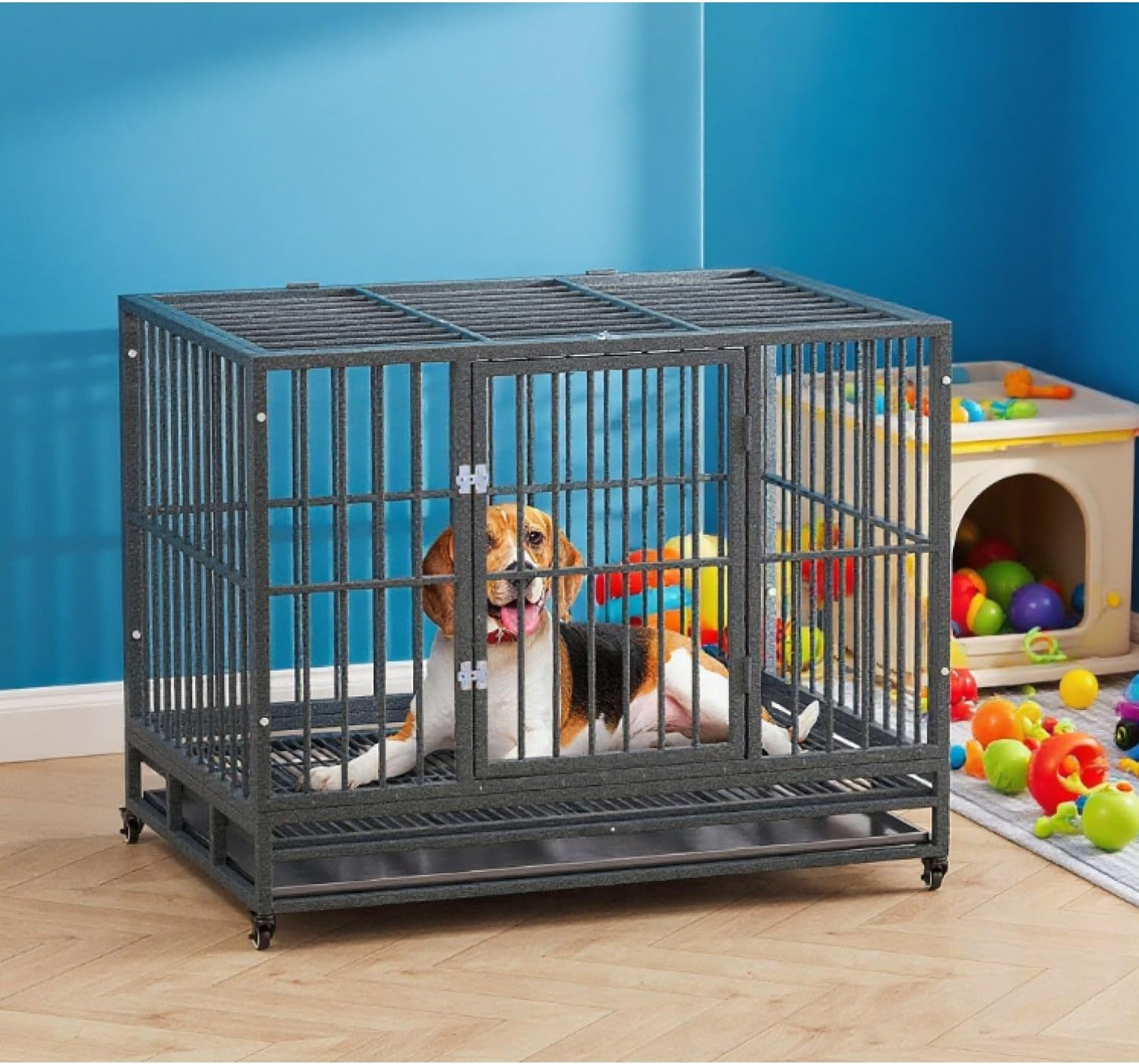 Heavy Duty Dog Crate Metal Cage Kennel Grey Easy Transport Secure Enclosure Pet Safety