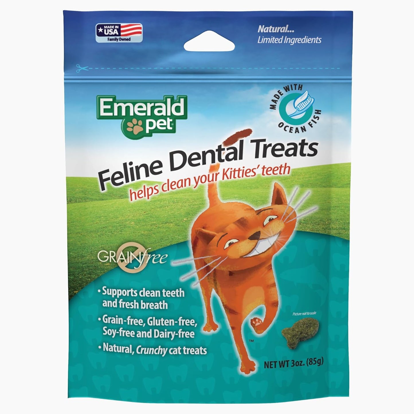 Feline Dental Treats — Tasty and Crunchy Cat Dental Treats Grain Free — Natural Dental Treats to Clean Cat Teeth, Freshen Cat Breath, and Reduce Plaque and Tartar Buildup — Ocean Fish Treats, 3 oz