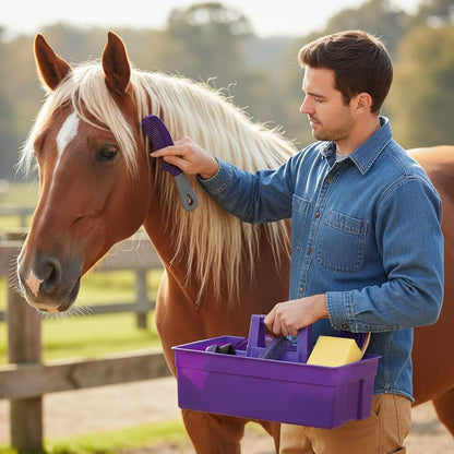 Abbylike 6 Pieces Horse Grooming Tote Kit Plastic Storage Grooming Bag for Horses Durable Tote Tack Box Organizer with Handle Horse Brush Sets Cleaning Caddy Supplies (Purple)