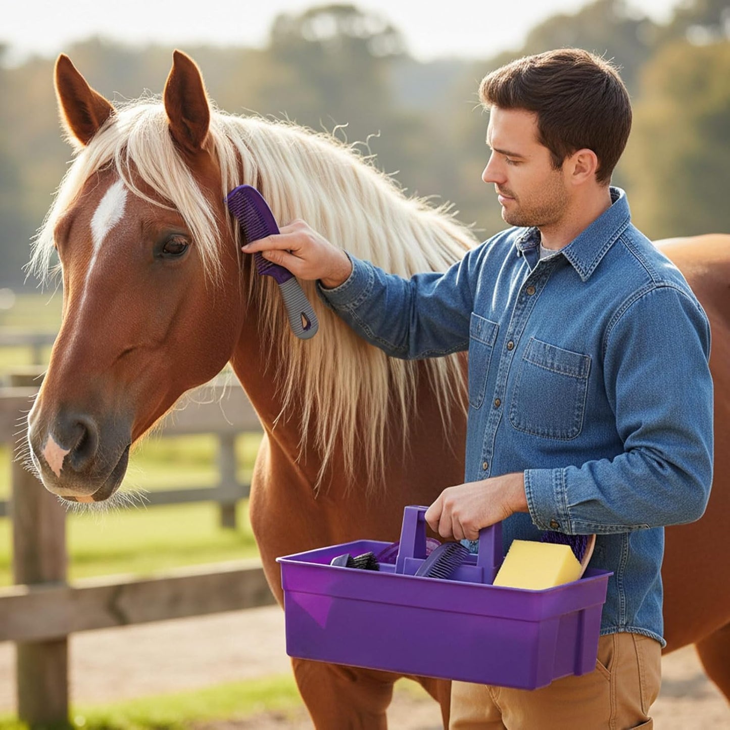 Abbylike 6 Pieces Horse Grooming Tote Kit Plastic Storage Grooming Bag for Horses Durable Tote Tack Box Organizer with Handle Horse Brush Sets Cleaning Caddy Supplies (Purple)