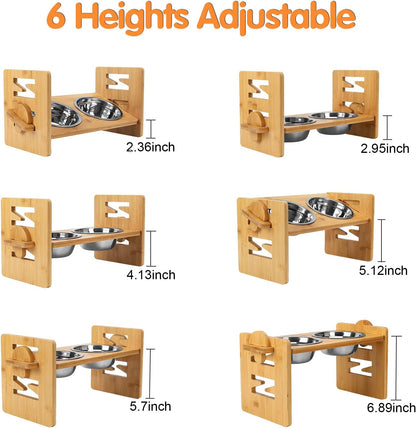 Elevated Dog Bowls, Adjustable Raised Tilted French Bulldog Food Water Bowl, Slanted Bamboo Pet Feeding Station with Stainless Steel Bowl for Small & Medium Dogs, Cat Kitten Flat Faced Puppy Feeder