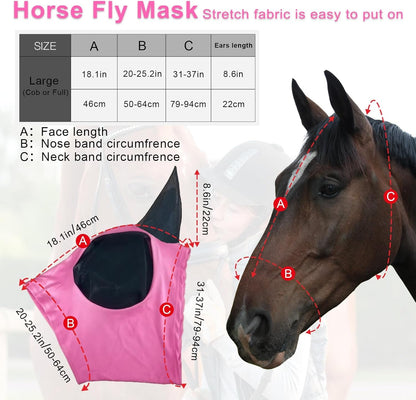 Fly Masks for Horses with Ears Set of 3, Comfort Fit Stretchy Fabric with UV Protection Soft on Skin Breathability for Average Size Horses (Red-Black-Pink, Large)