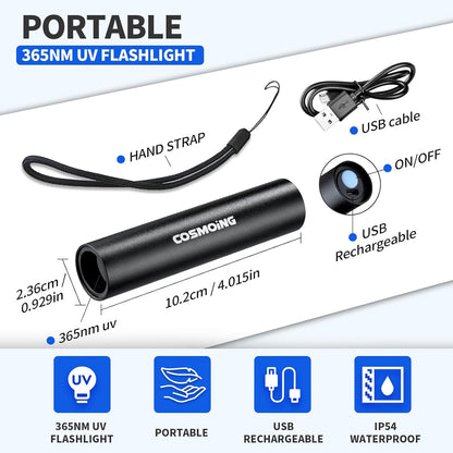 UV Flashlight USB Rechargeable, 365nm Black Light (2 PACK), Mini & Powerful Upgrade Ultraviolet Flashlight Portable Detector for Pet Urine, Cat Dog Stains, Scorpion, Bed Bug