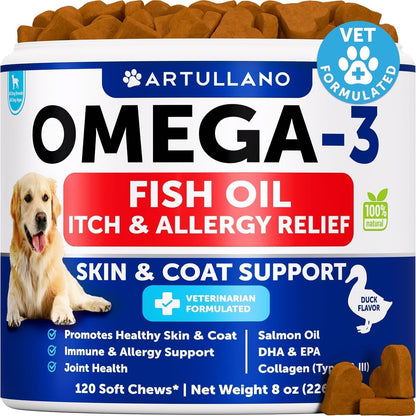 Omega 3 Fish Oil for Dogs - Dog Allergy Chews - Itch Relief & Skin and Coat Supplement with Salmon Oil - Hot Spots Treatment - Allergy & Anti Shedding Support - EPA & DHA Fatty Acids - 120 Treats
