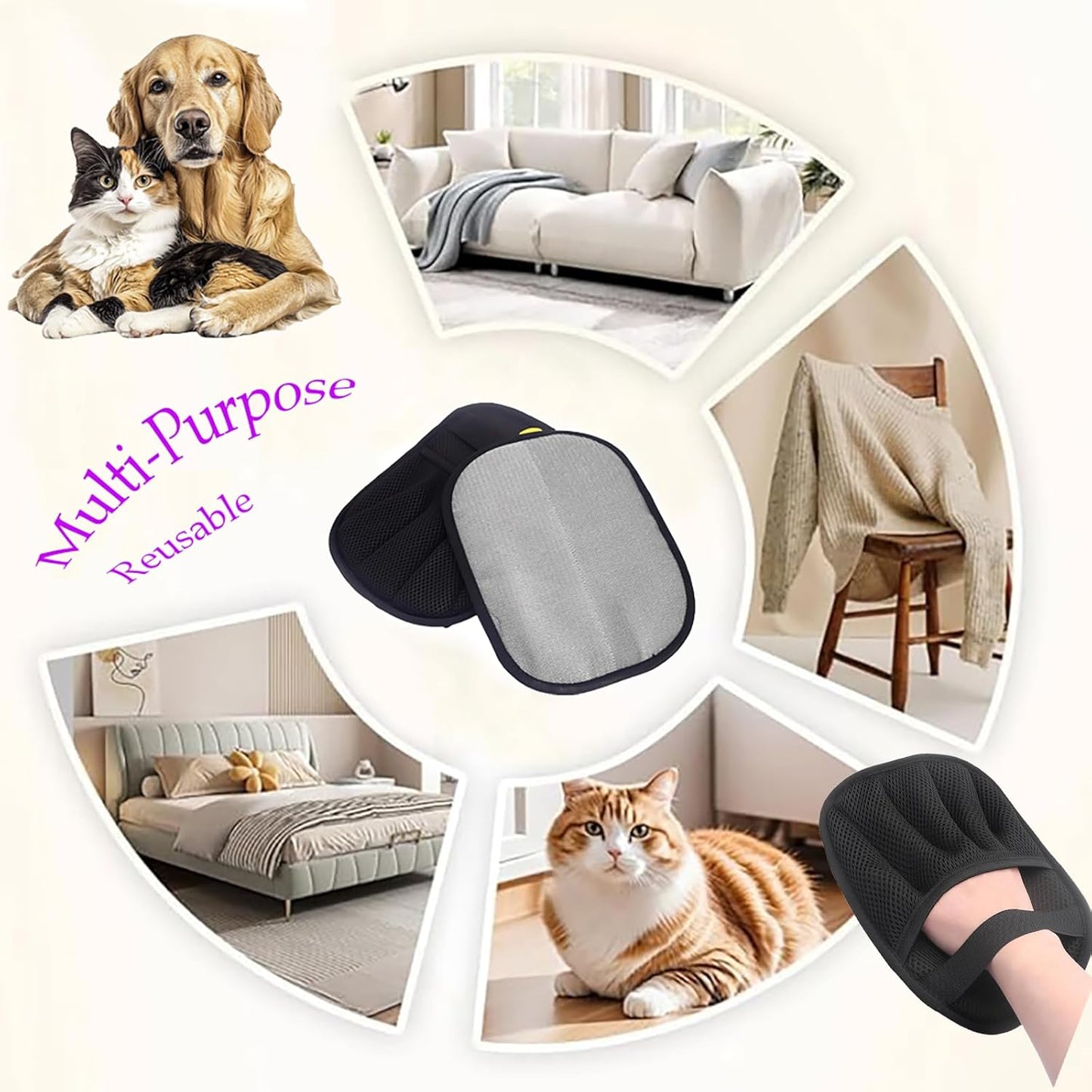 2Pcs Pet Hair Removal Glove for Dogs & Cats,The Magic Brush Pet Hair Remover,Five-Finger Electrostatic Pet Hair Gloves for Furniture,Car,Couch,Carpet,Essential Pet Supplies