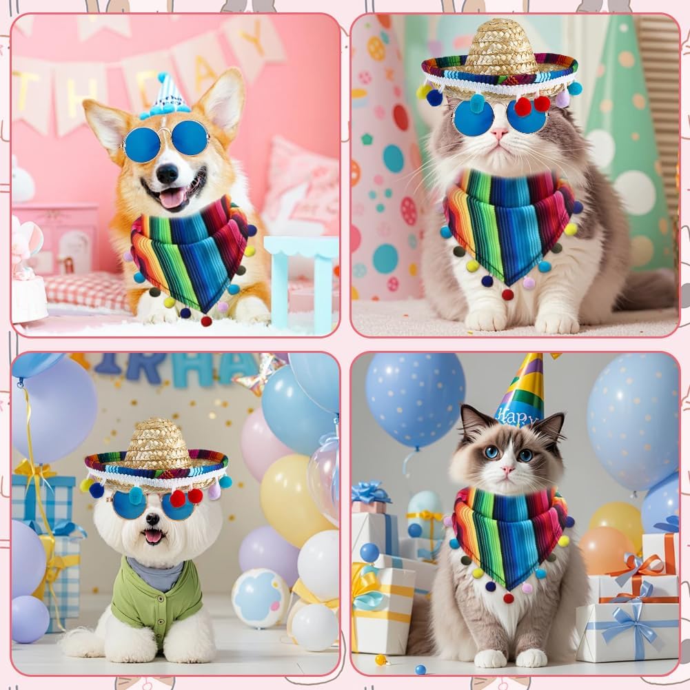 9-Piece Mexican Dog Costume Set - Cat Bandana, Triangle Bib, Sombrero, Pet Mustache Decoration, Sunglasses Decoration