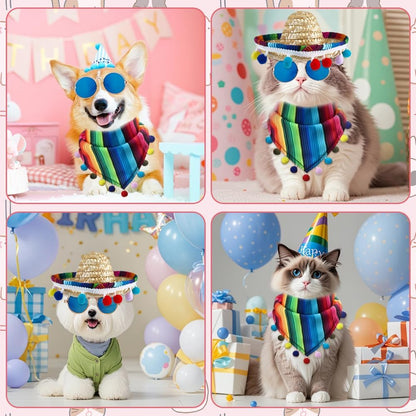 9-Piece Mexican Dog Costume Set - Cat Bandana, Triangle Bib, Sombrero, Pet Mustache Decoration, Sunglasses Decoration