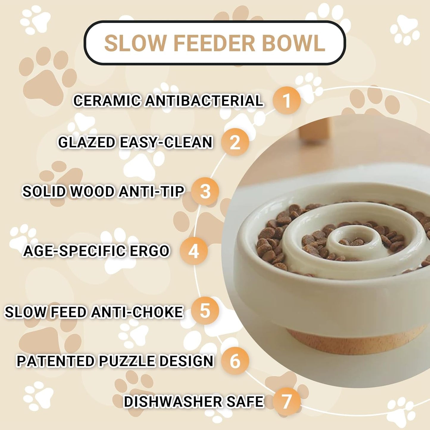 Ceramic Slow Feeder Dog Bowls Food and Water,Anti-Slip Concave and Convex Elevated Wooden Seat,Puzzle Lick Mat Feeder for Small Medium Large Breed Dog and Cat Essentials