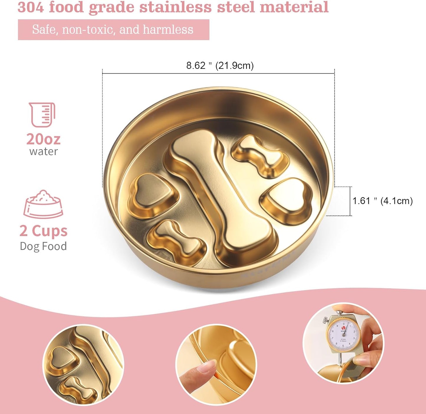 Golden Stainless Steel Slow Feeder Dog Bowls – Non-Slip Metal Dog Bowl for Large & Medium Breeds, Puppy Puzzle Feeder – 2 Cup Capacity for Small to Big Pets – Durable Slow Feed Dog & Cat Food Dish