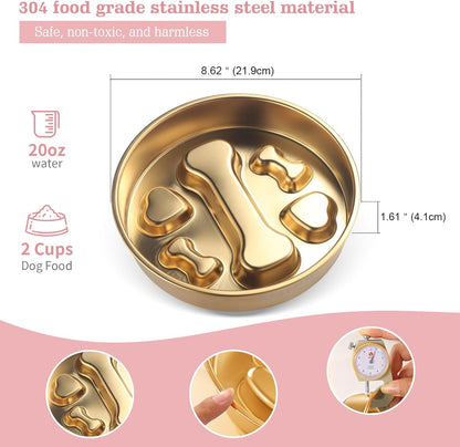 Golden Stainless Steel Slow Feeder Dog Bowls – Non-Slip Metal Dog Bowl for Large & Medium Breeds, Puppy Puzzle Feeder – 2 Cup Capacity for Small to Big Pets – Durable Slow Feed Dog & Cat Food Dish