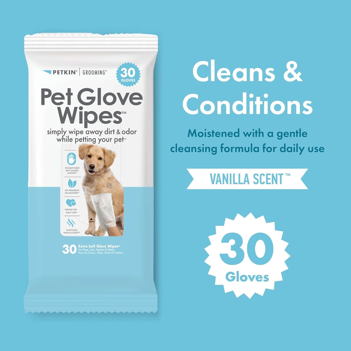Petkin Pet Glove Wipes for Dogs and Cats, 30 Wipes - Double-Sided Cleaning Wipes - Gently Cleans Ears, Face, Butt, Body and Eye Area - Convenient, Ideal for Home or Travel - Vanilla Scented